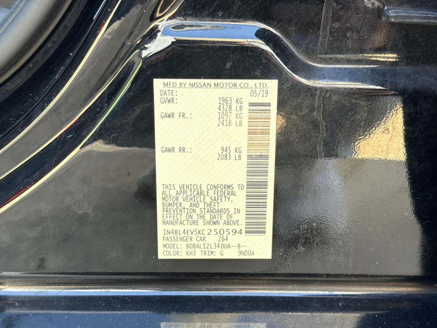 2019 Super Black /Charcoal Nissan Altima 2.5 SL Sedan (1N4BL4EV5KC) , Automatic transmission, located at 6904 Johnston St., Lafayette, LA, 70503, (337) 988-1960, 30.143589, -92.100601 - Photo#18